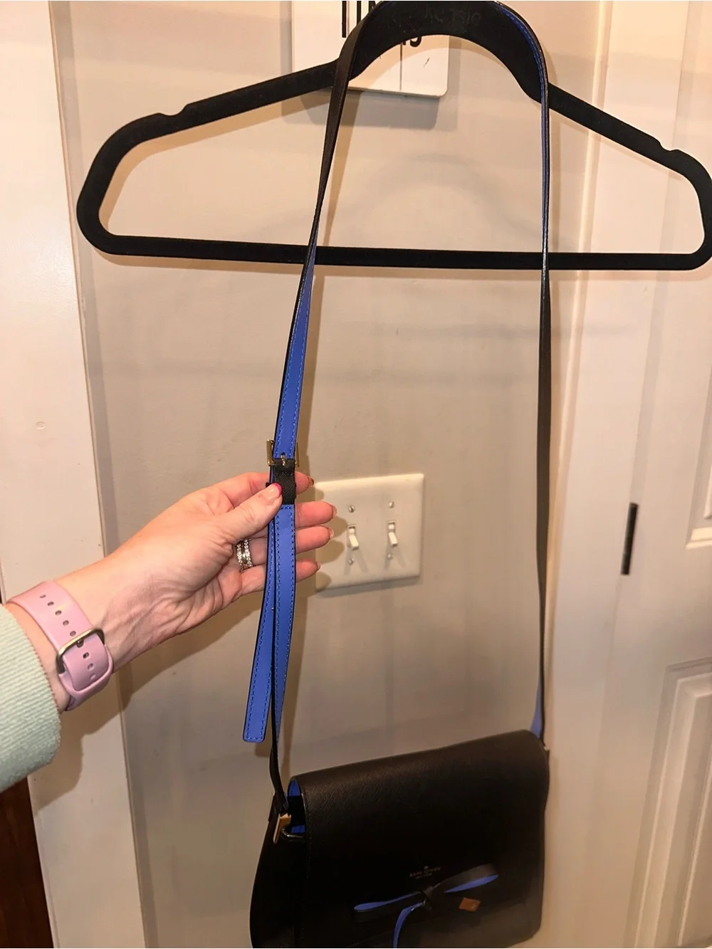 Kate Spade Bow Details Black Leather Crossbody with Blue Accents